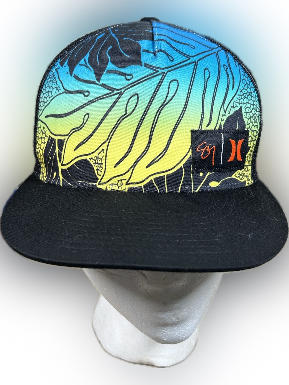 Hurley Mens Gradient Leaf Snapback Trucker Hat - Black/Blue/Yellow